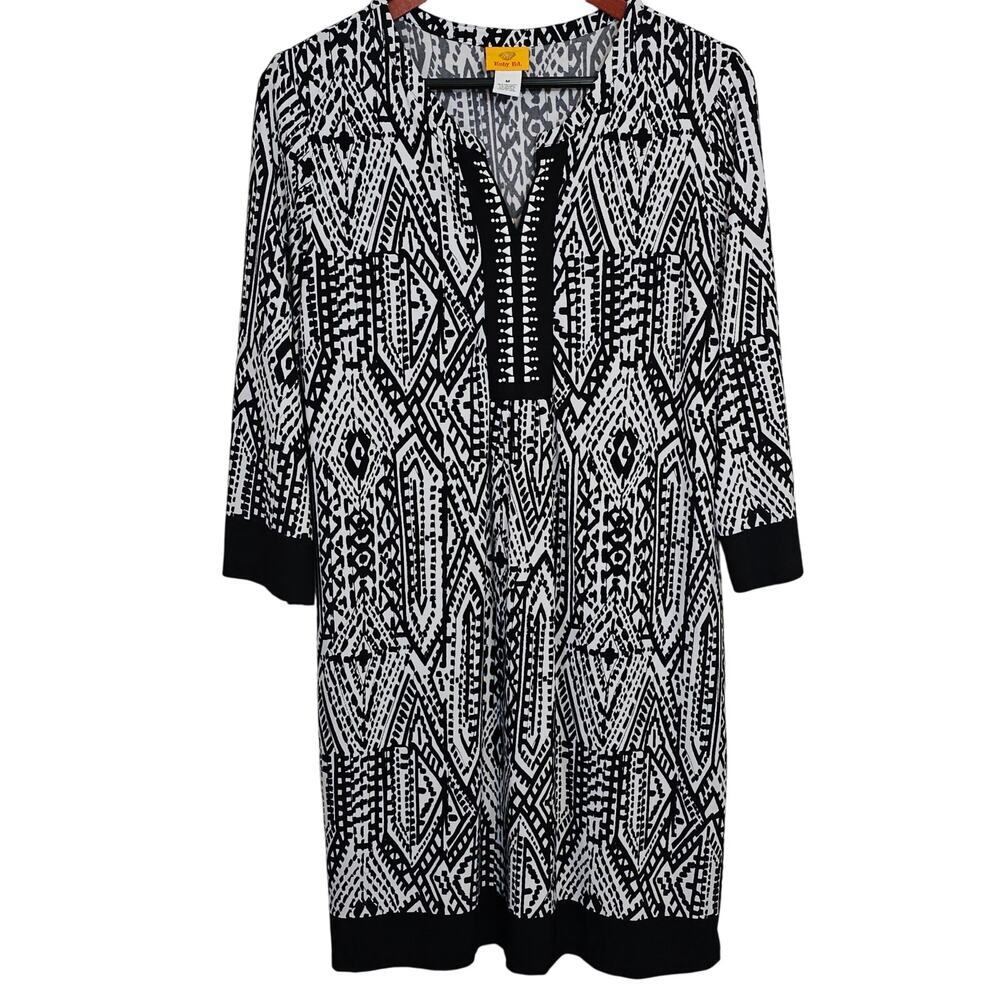 Ruby Rd Women's Tribal Black White Sheath Dress‎ Medium Knee Length V-Neck